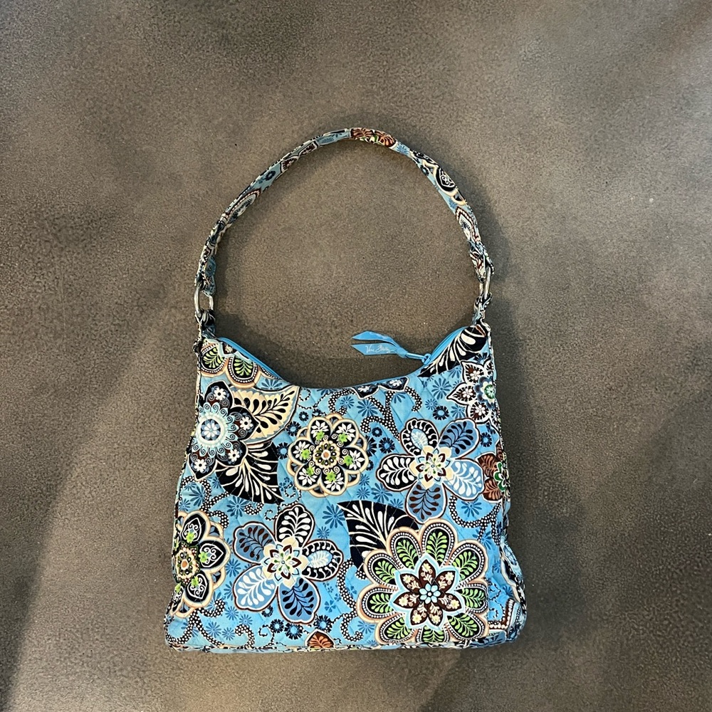 VERA BRADLEY Bali Blue Quilted Blue/Brown Floral Print Hobo Shoulder Bag NWOT